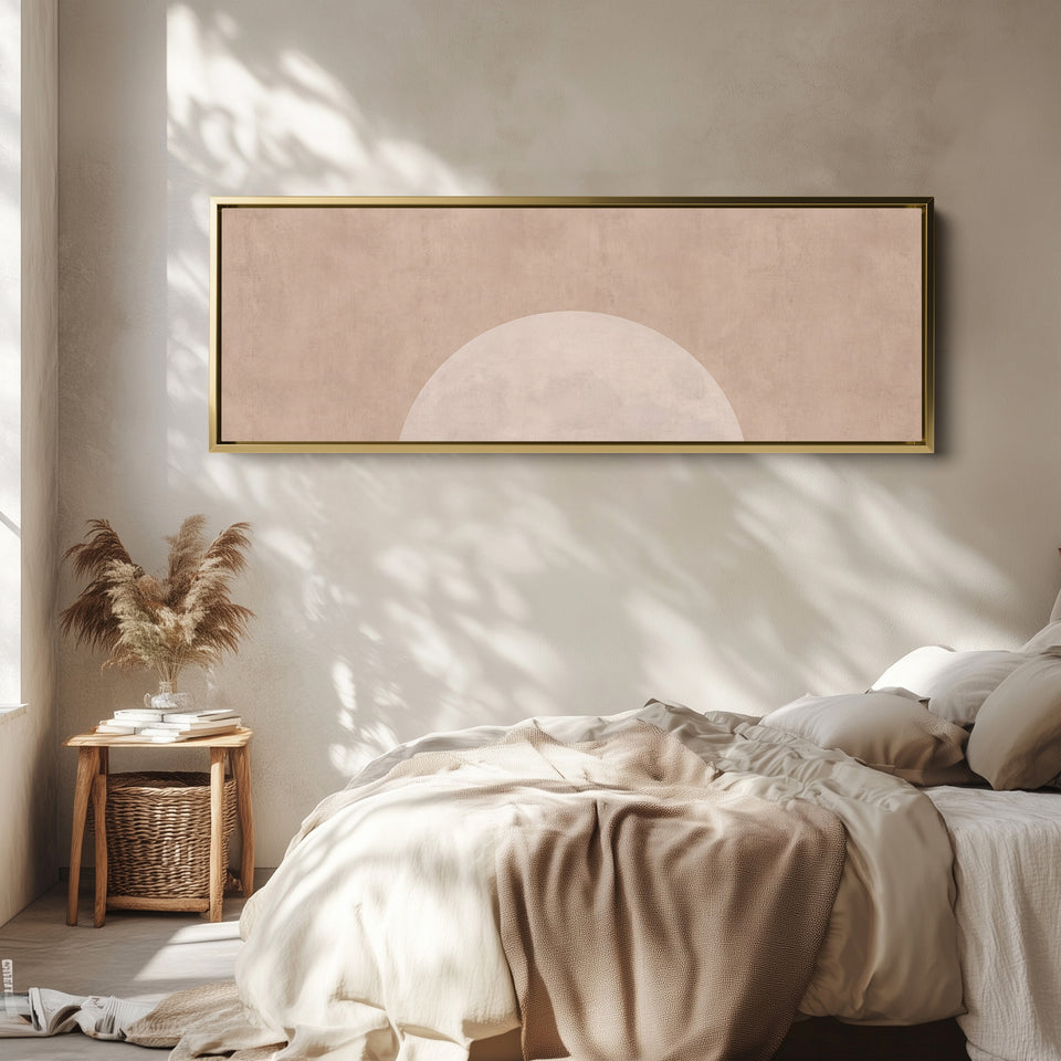 Panoramic Wall Art Blush Rising Moon Minimalist for Bedroom wall art in a gold frame, above the bed
