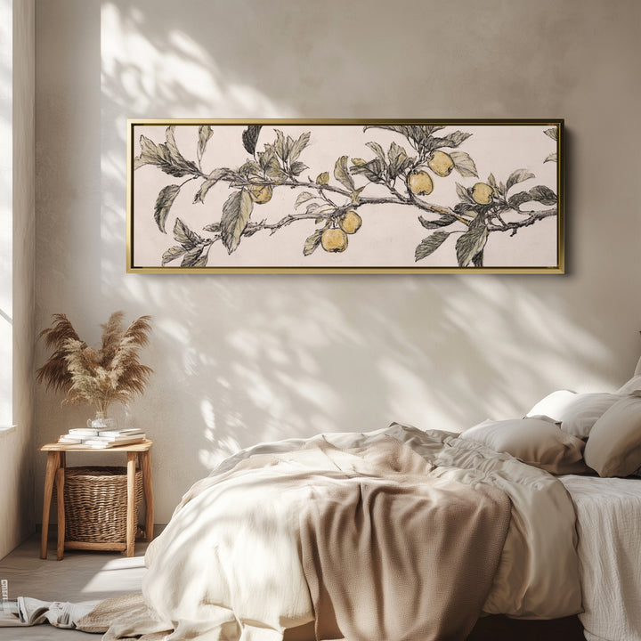 Apple Branch Sketch Long Wall Art Vintage Botanical for Kitchen wall art in a gold frame, above the bed