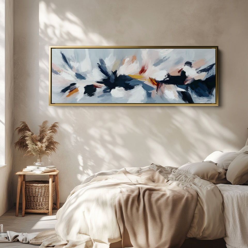 Abstrakte blaue, weiße und rosa horizontale lange Wandkunst