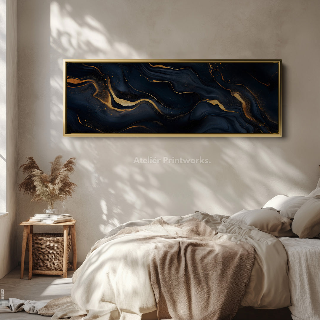 Blauwe & Gouden Abstracte Lange Smalle Horizontale Muurdecoratie