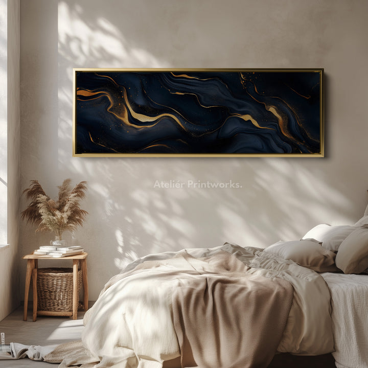 Blauwe & Gouden Abstracte Lange Smalle Horizontale Muurdecoratie