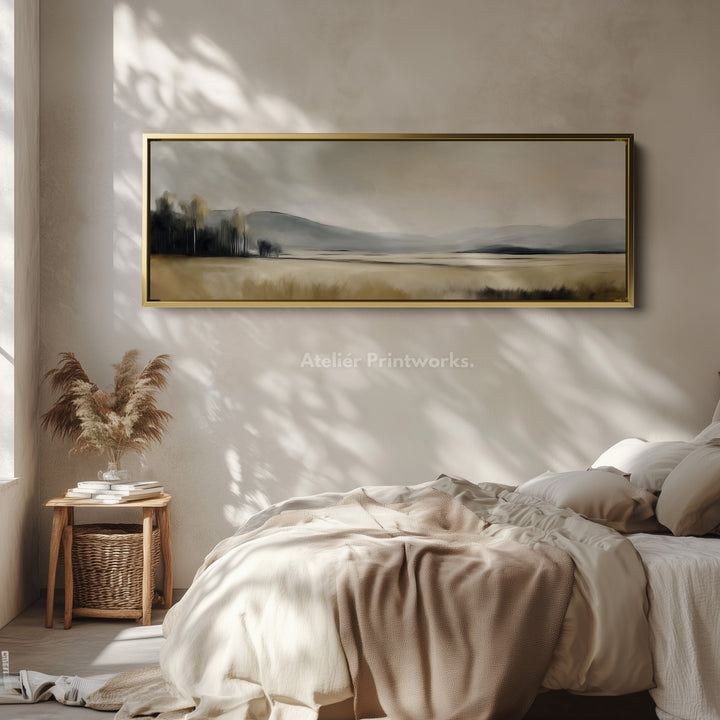 Long Neutral Misty Landscape Canvas Artwork for Above Bed or Living Room