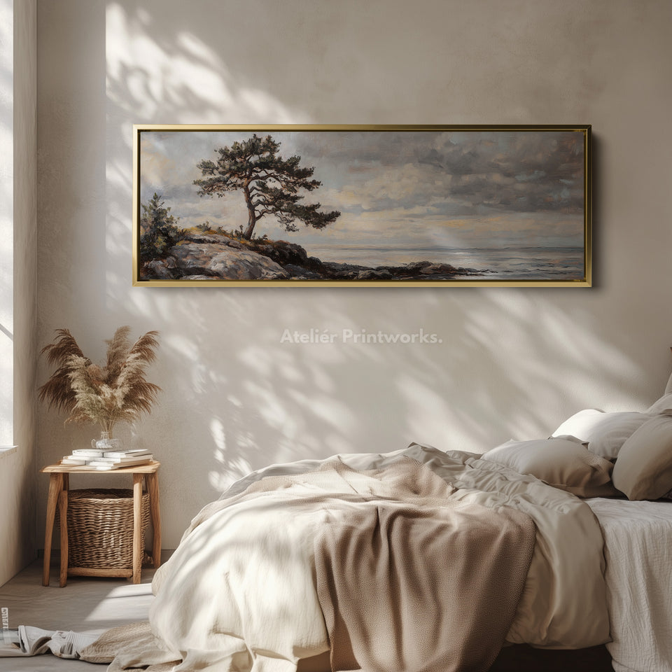 Vintage landschap kunstwerk lange smalle grote ingelijste canvas