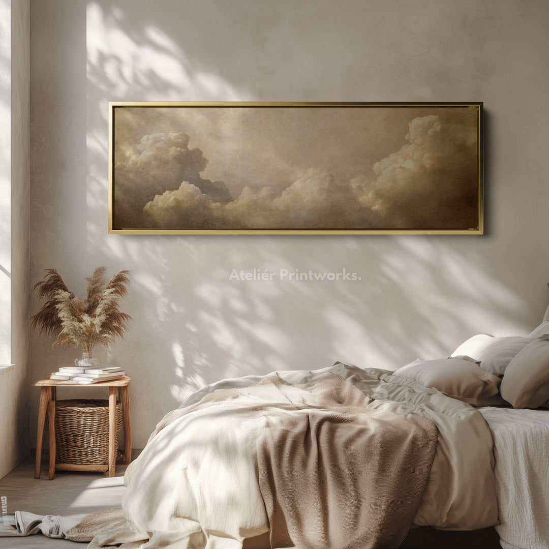 Long Horizontal Vintage Cloud Artwork Above Bed Wall Art