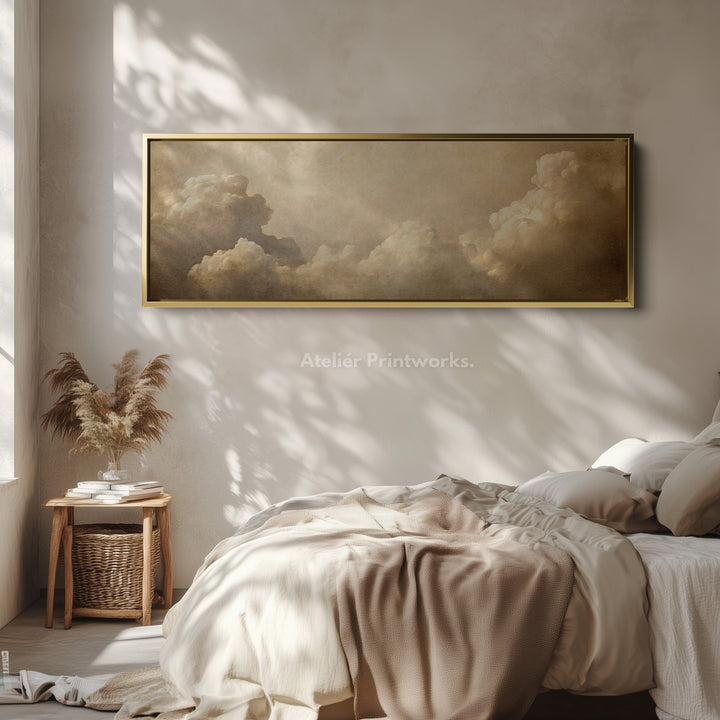 Long Horizontal Vintage Cloud Artwork Above Bed Wall Art