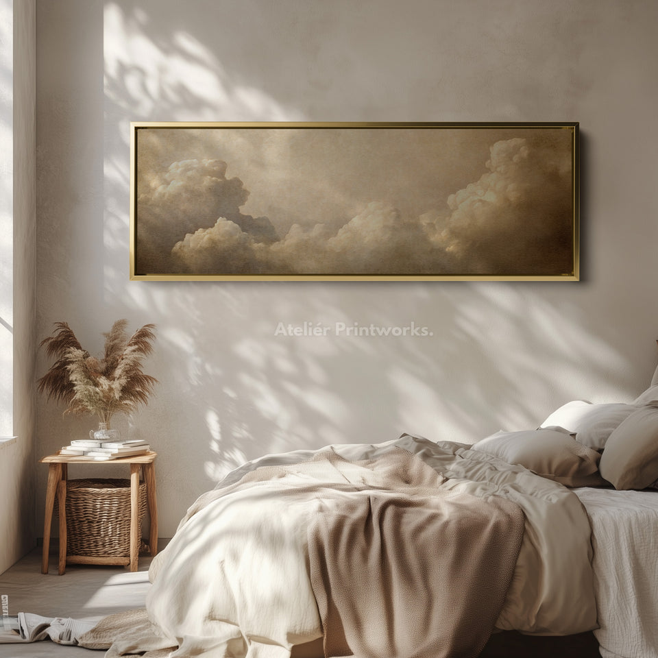 Long Horizontal Vintage Cloud Artwork Above Bed Wall Art