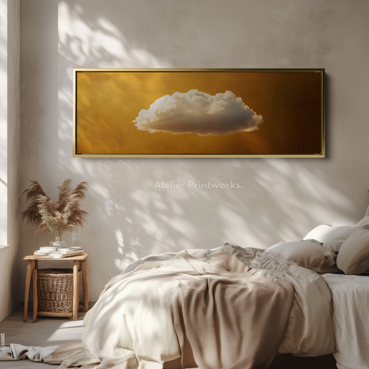 Boven Bed Muurkunst - Zwevende Gouden Wolk Minimalistische Horizontale Muurkunst