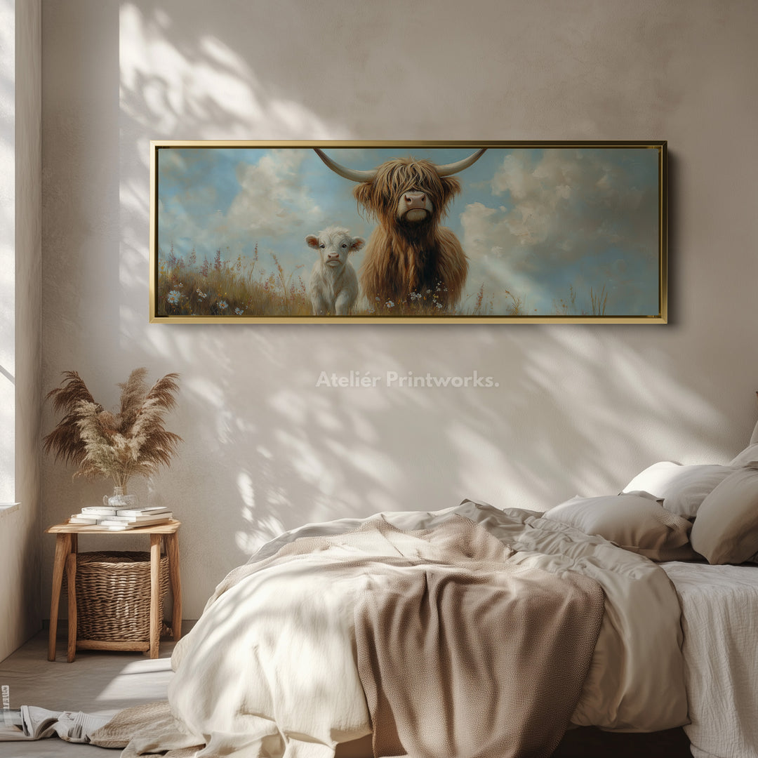 Scottish Highland Cow Framed Canvas Large Horizontal Wall Art