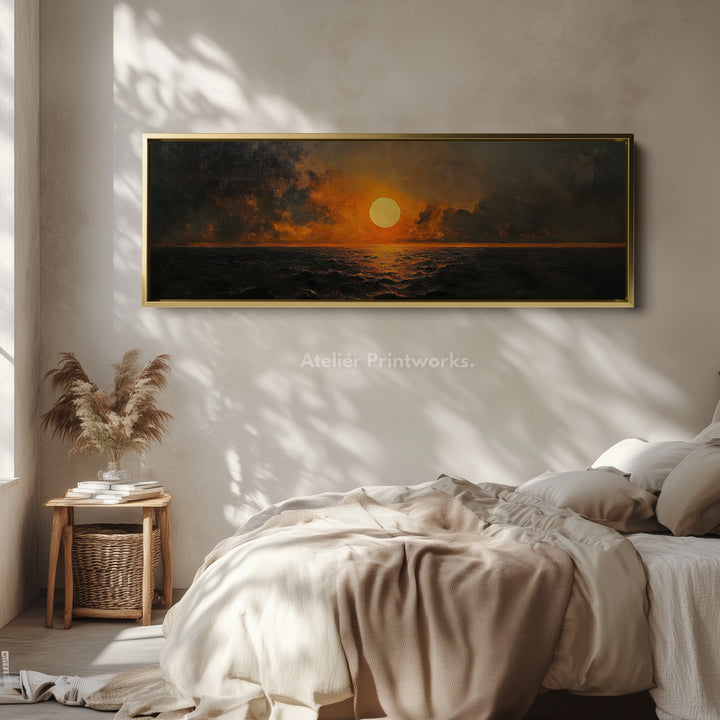 Lange horizontale wanddecoratie boven bed abstracte zonsondergang