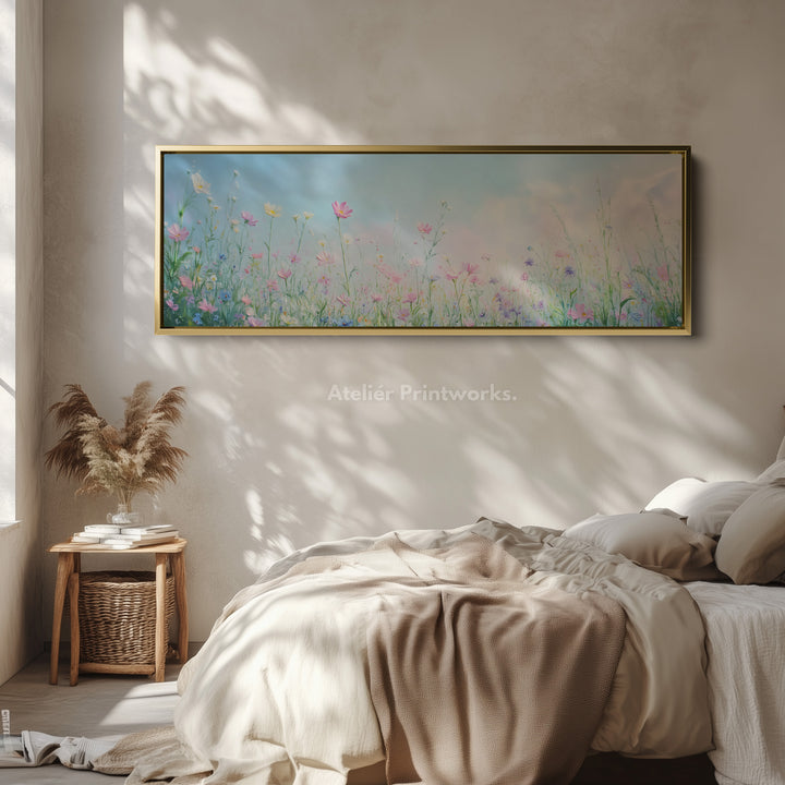 Wilde bloemen grote ingelijste canvas lange smalle horizontale wanddecoratie