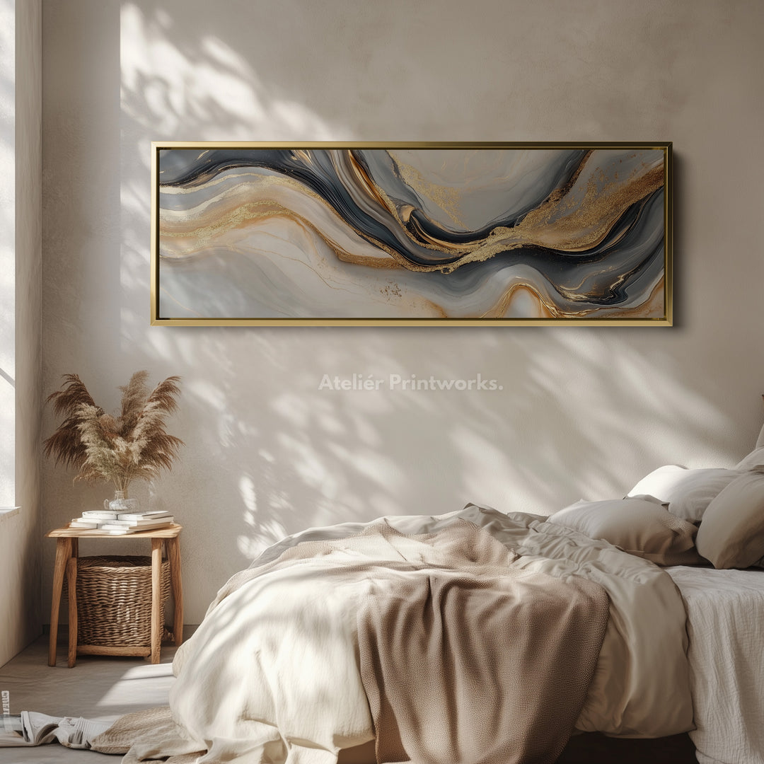 Gouden marmer grote ingelijste canvas lange smalle horizontale wanddecoratie