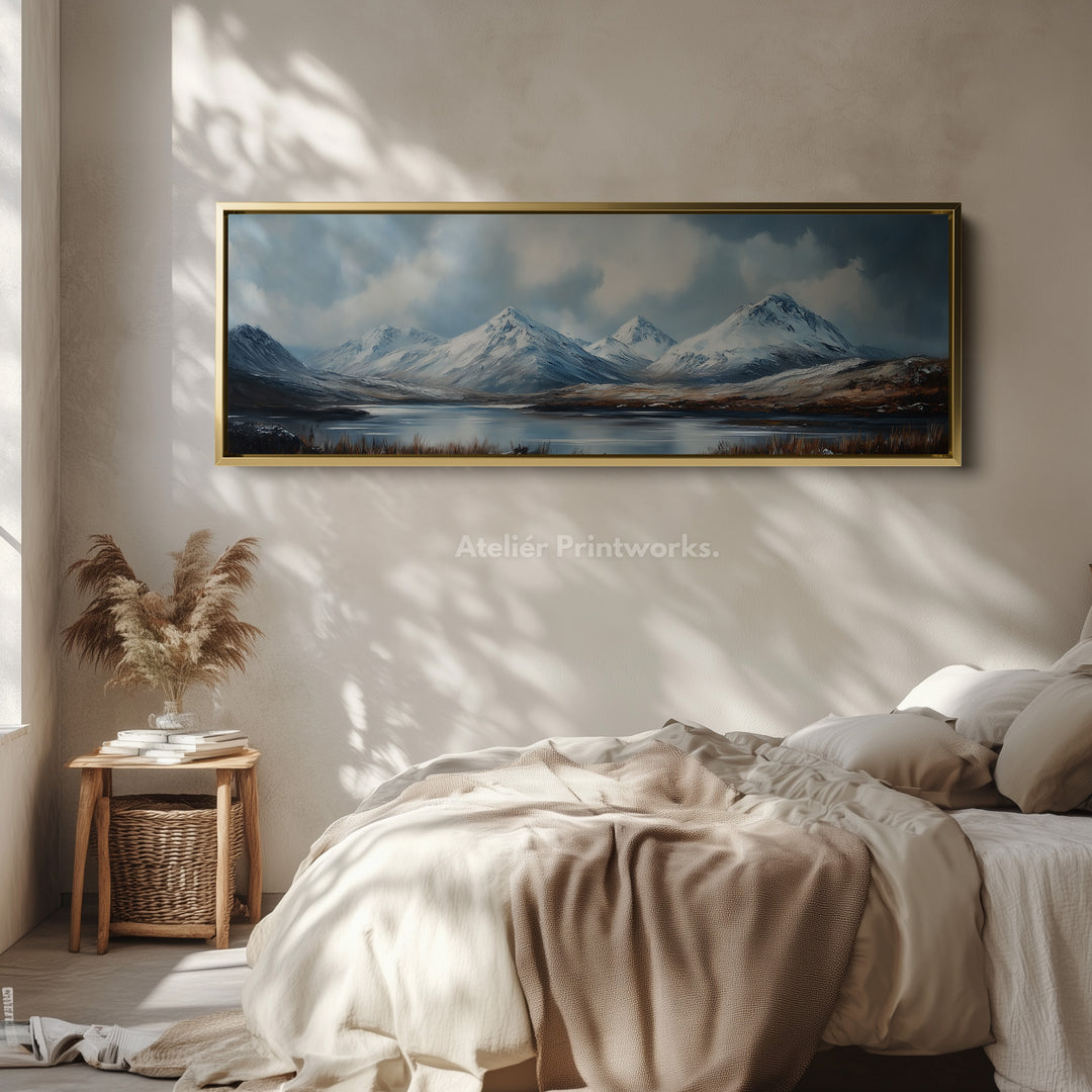 Boven het bed wanddecoratie lange horizontale panoramische bergen groot canvas