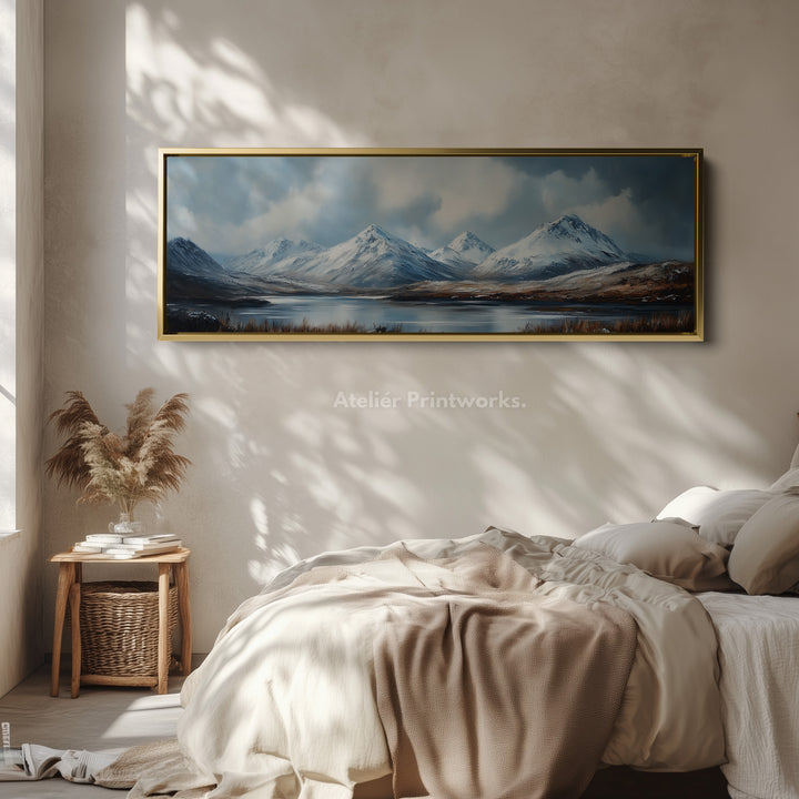 Boven het bed wanddecoratie lange horizontale panoramische bergen groot canvas