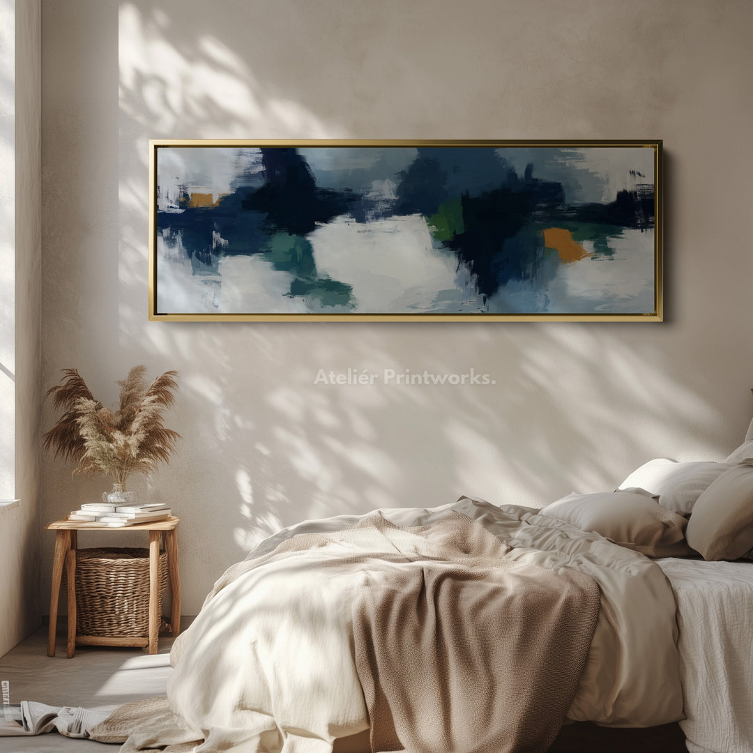 Wide Moody Deep Blue Abstract Canvas Wall Art for Living Room