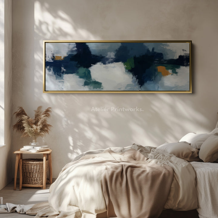 Wide Moody Deep Blue Abstract Canvas Wall Art for Living Room