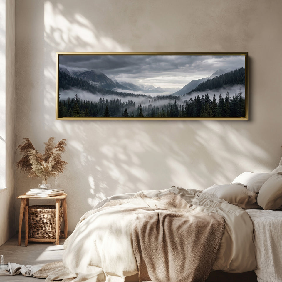 Horizontal Wall Art Foggy Forest Valley Wide Canvas For Living Room