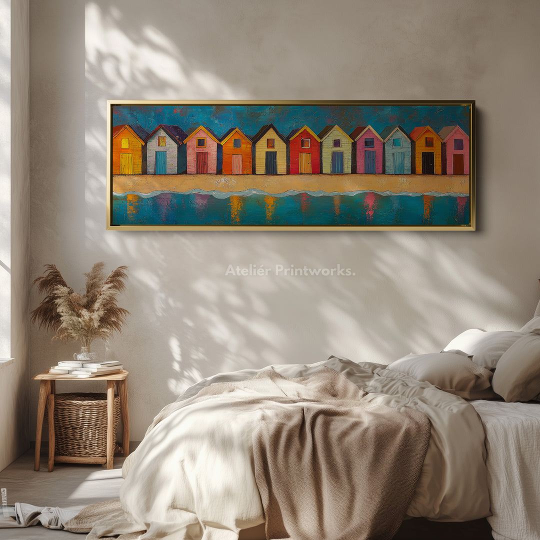 Strandhuisjes Lange Smalle Horizontale Wanddecoratie Groot Ingelijst Canvas Schilderij