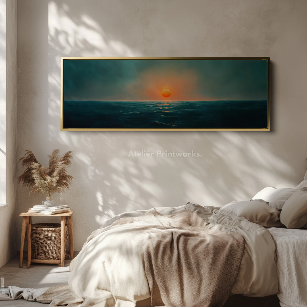 Ocean Sunset Smal Breed Horizontaal Wanddecoratie Grote Ingelijste Canvas