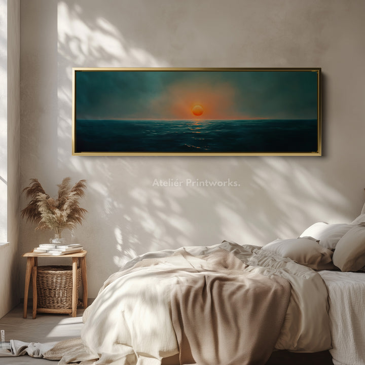 Ocean Sunset Smal Breed Horizontaal Wanddecoratie Grote Ingelijste Canvas