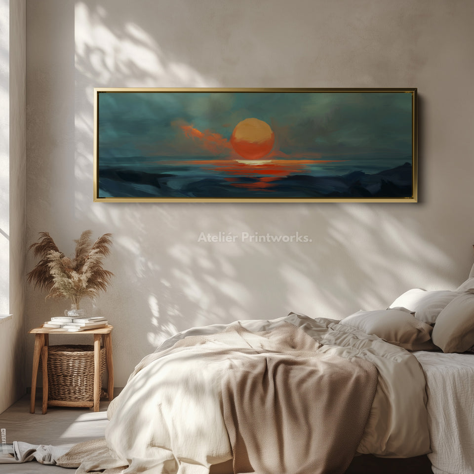Minimalist Ocean Sunset Narrow Wide Horizontal Wall Decor Large Framed Canvas