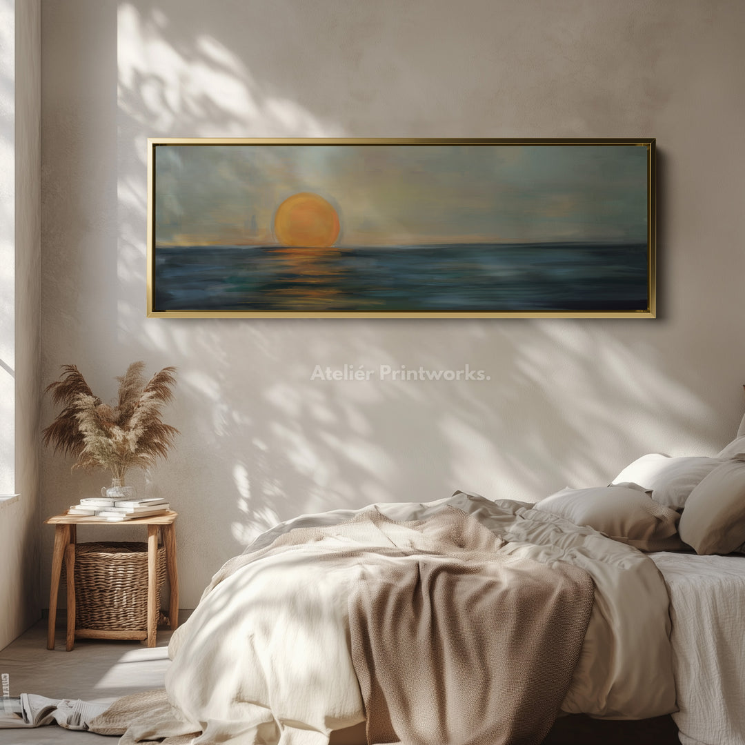 Moderne abstracte smalle brede horizontale wanddecoratie grote ingelijste canvas