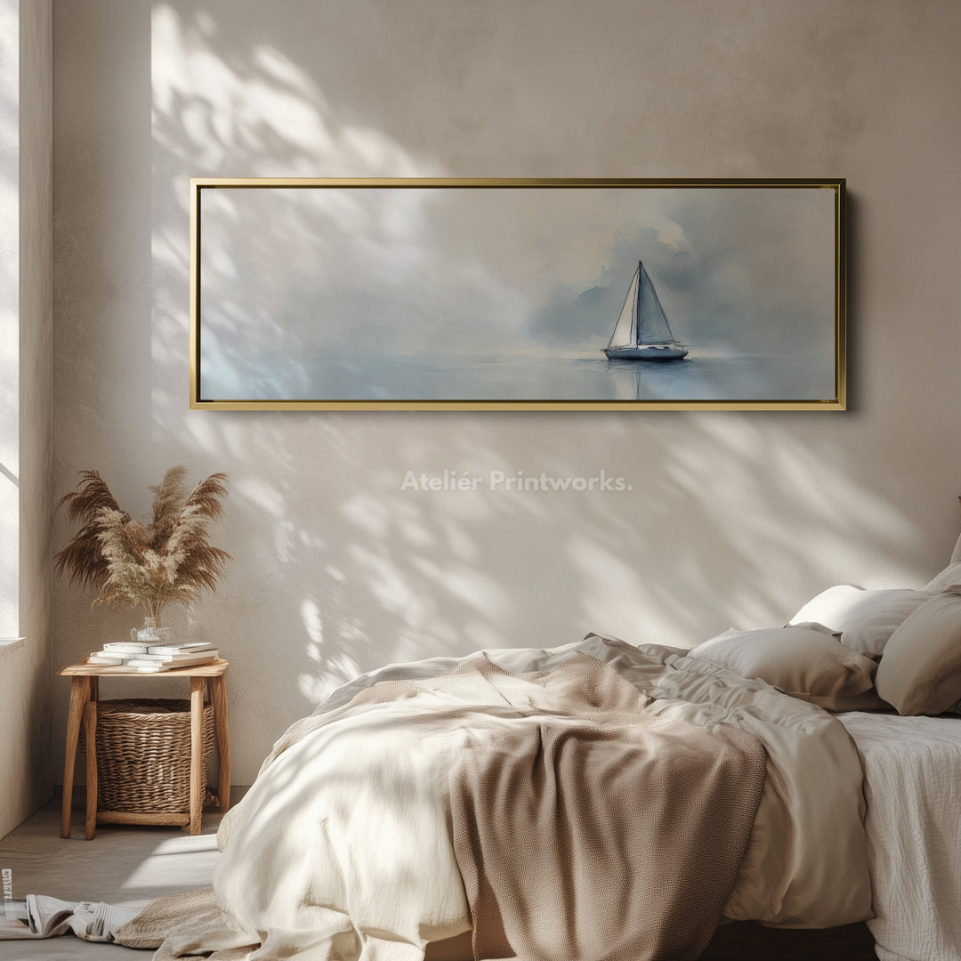 Zeilboot aquarel groot ingelijst lang canvas horizontale wanddecoratie