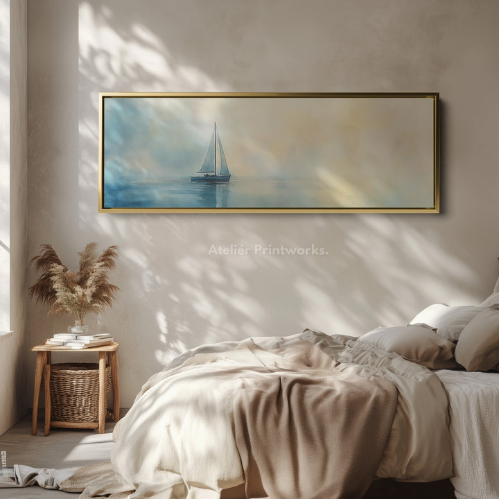 Kalmerende aquarel zeilboot grote ingelijste lange canvas horizontale wanddecoratie