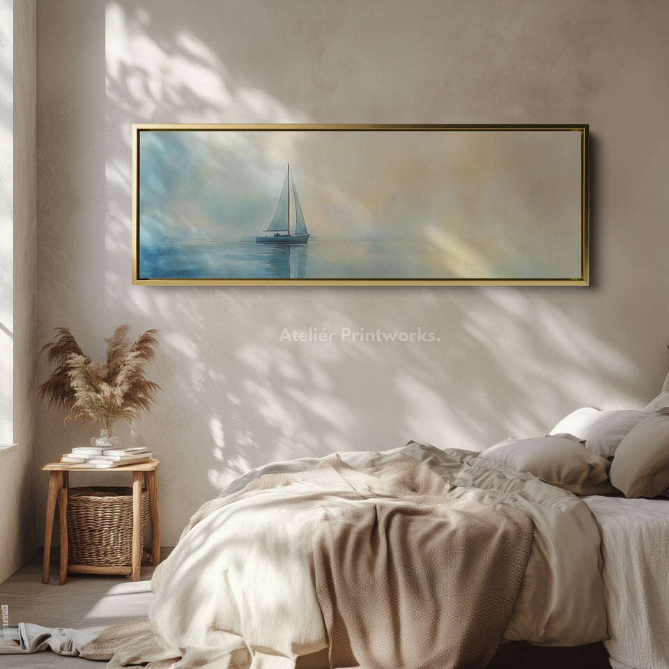 Kalmerende aquarel zeilboot grote ingelijste lange canvas horizontale wanddecoratie