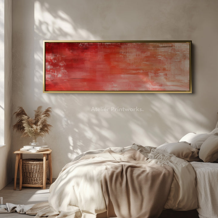 Abstracte rode lange horizontale wanddecoratie, panoramische wanddecoratie brede wanddecoratie