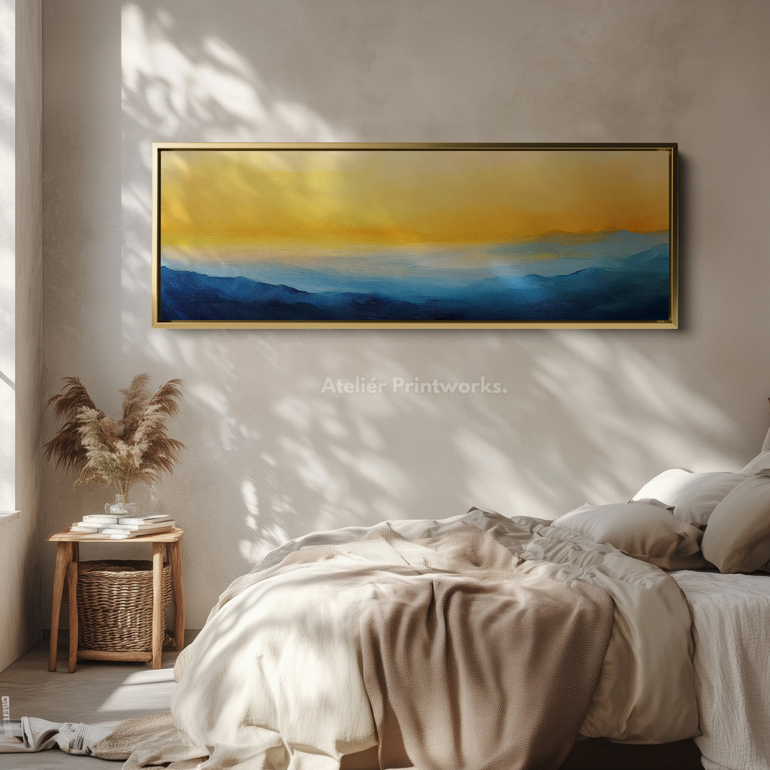 Abstract blauw en geel lang smal panoramisch wandkunst canvas