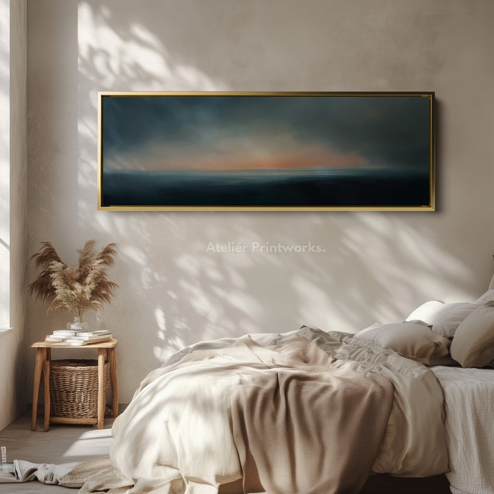 Abstracte zonsondergang boven bed lange smalle panoramische canvas wanddecoratie
