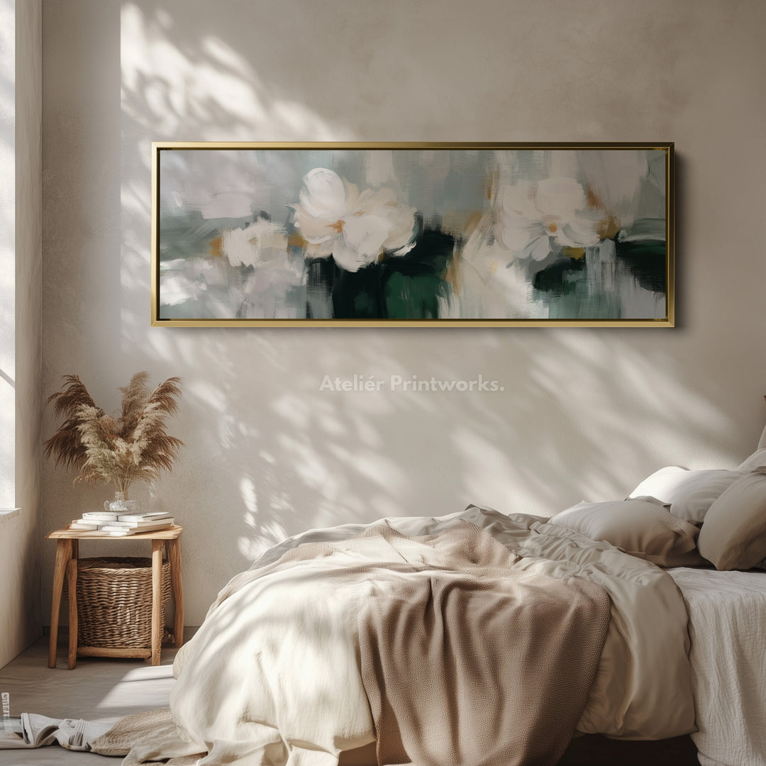 Horizontal Wall Art White Abstract Floral Canvas Print – Soft Neutral Brushstroke Flowers – Modern Above Sofa Art for Living Room