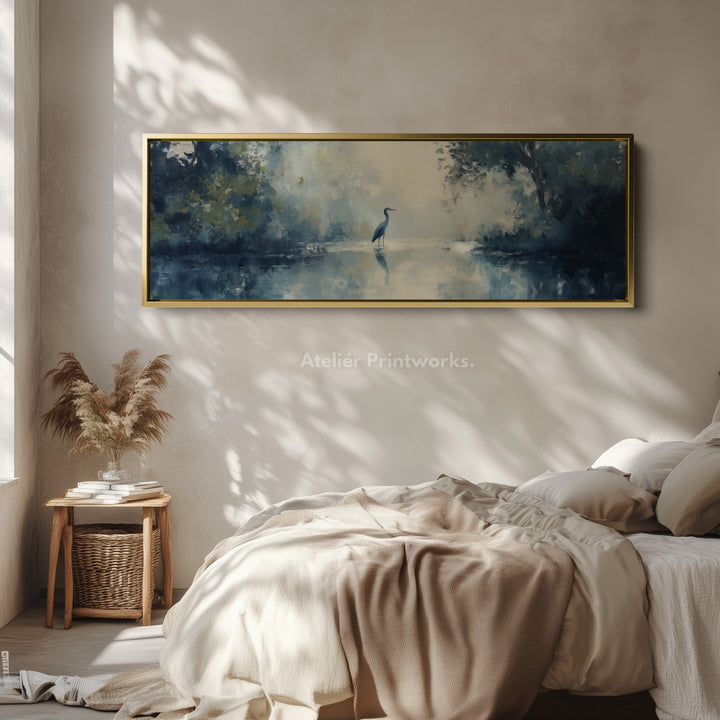 Gedempte Reiger Lange Horizontale Smalle Ingelijste Canvas