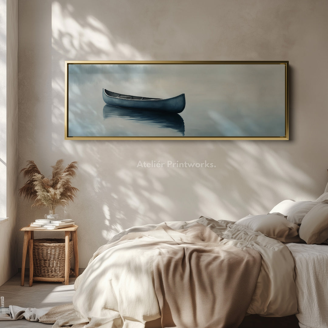 Misty Lake Kanoë Breed Gevoegd Boven Bed Muurkunst