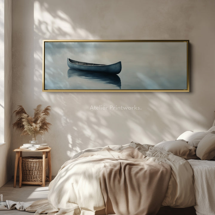 Misty Lake Kanoë Breed Gevoegd Boven Bed Muurkunst