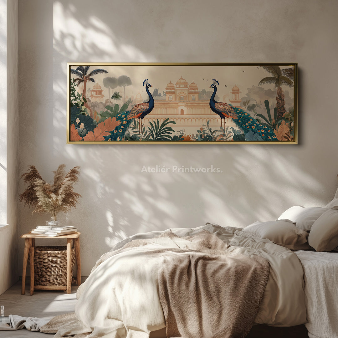 Peacock Palace Wide Framed Above Bed Wall Art