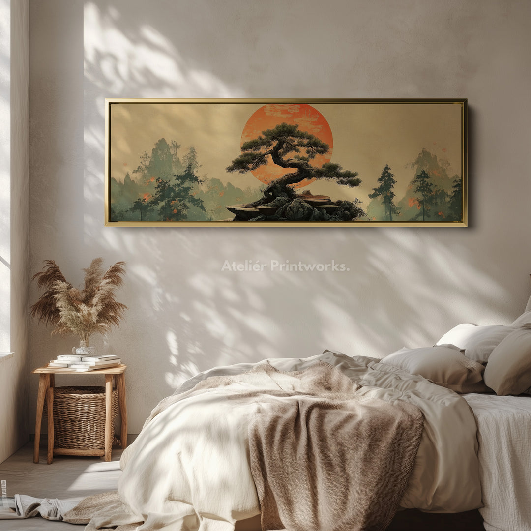 Lange panoramische wanddecoratie bonsaiboom botanische wandkunst