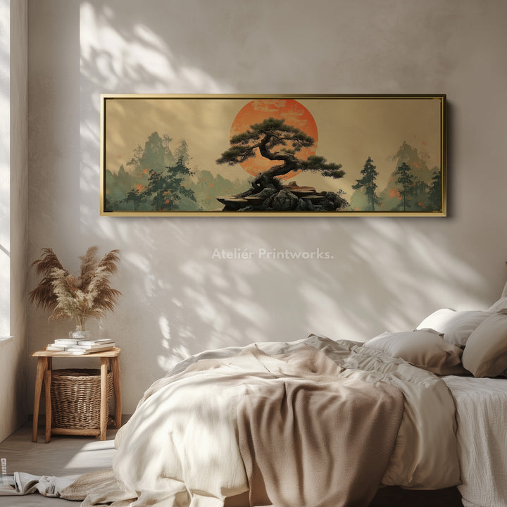 Lange panoramische wanddecoratie bonsaiboom botanische wandkunst