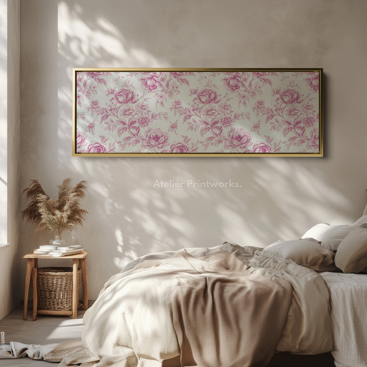 Above Bed Wall Decor Vintage Pink Floral canvas in a gold frame, above the bed in a modern bedroom