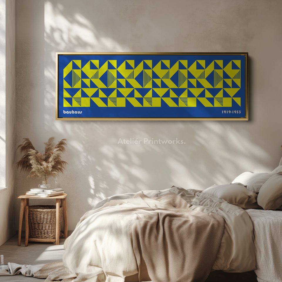 Blue & Yellow Large Framed Long Wall Art Mid Century Bauhaus