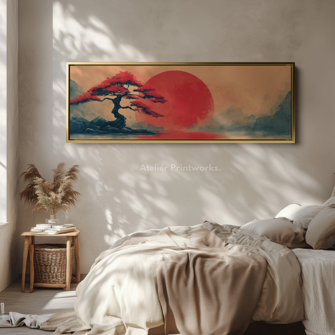 Bonsai Tree with Red Sun – Long Narrow Japanese Landscape Canvas - Japandi Wall Art