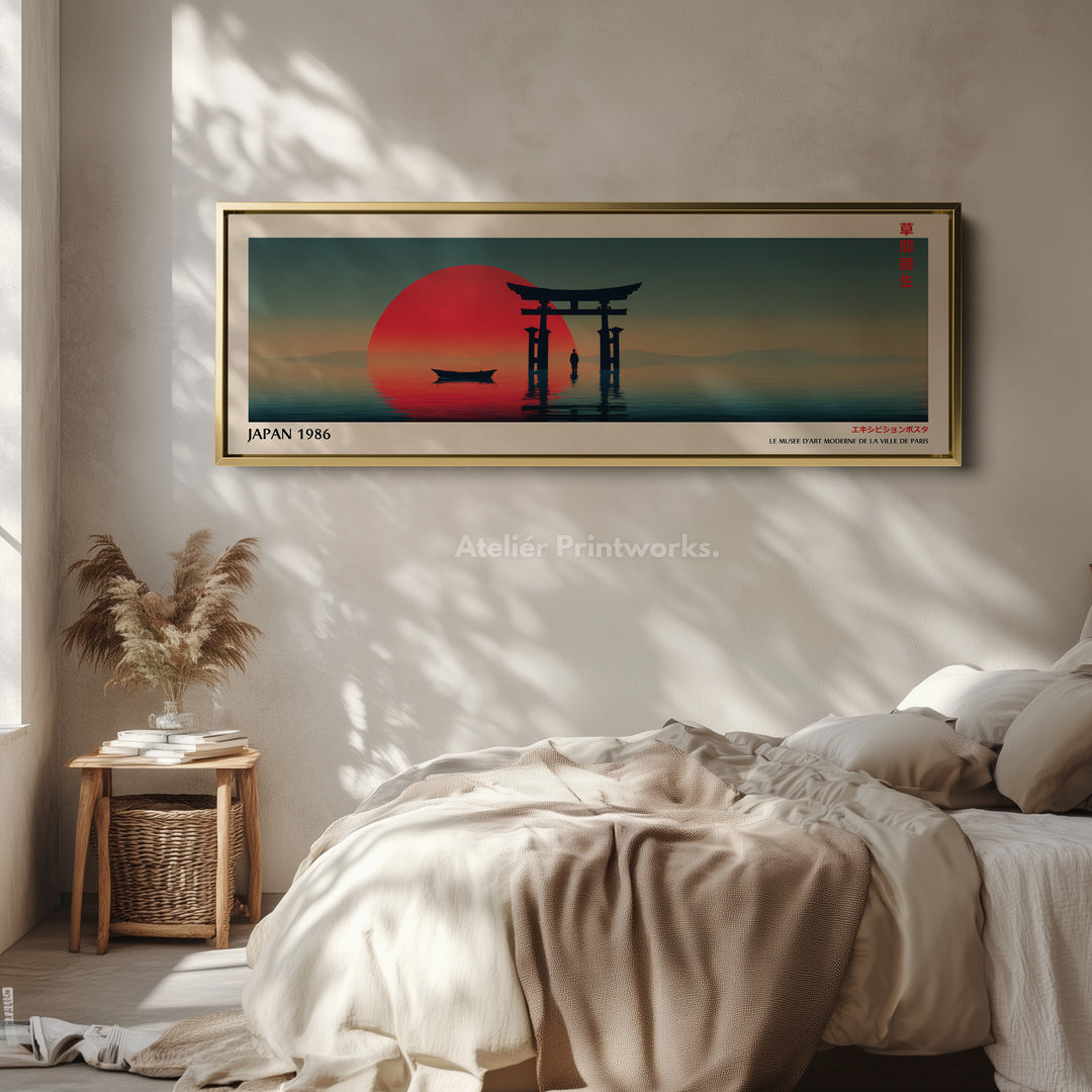 Torii Gate at Sunset – Long Narrow Japanese Wall Art - Tranquil Red Sun Canvas Print