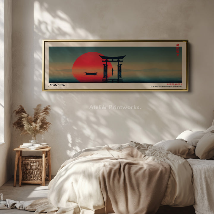 Torii Gate at Sunset – Long Narrow Japanese Wall Art - Tranquil Red Sun Canvas Print