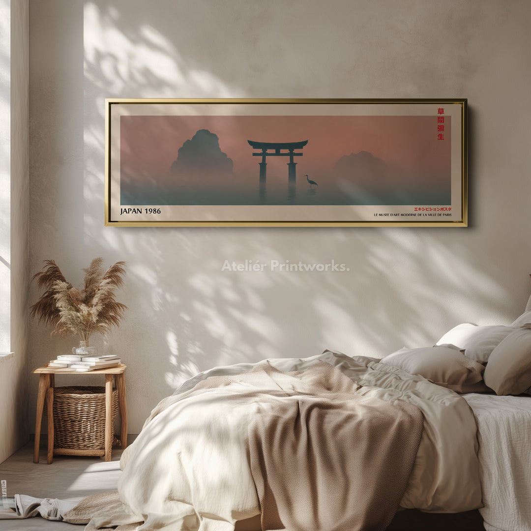 Torii Gate and Red Sun – Panoramic Japanese Wall Art - Long Narrow Tranquil Landscape Canvas