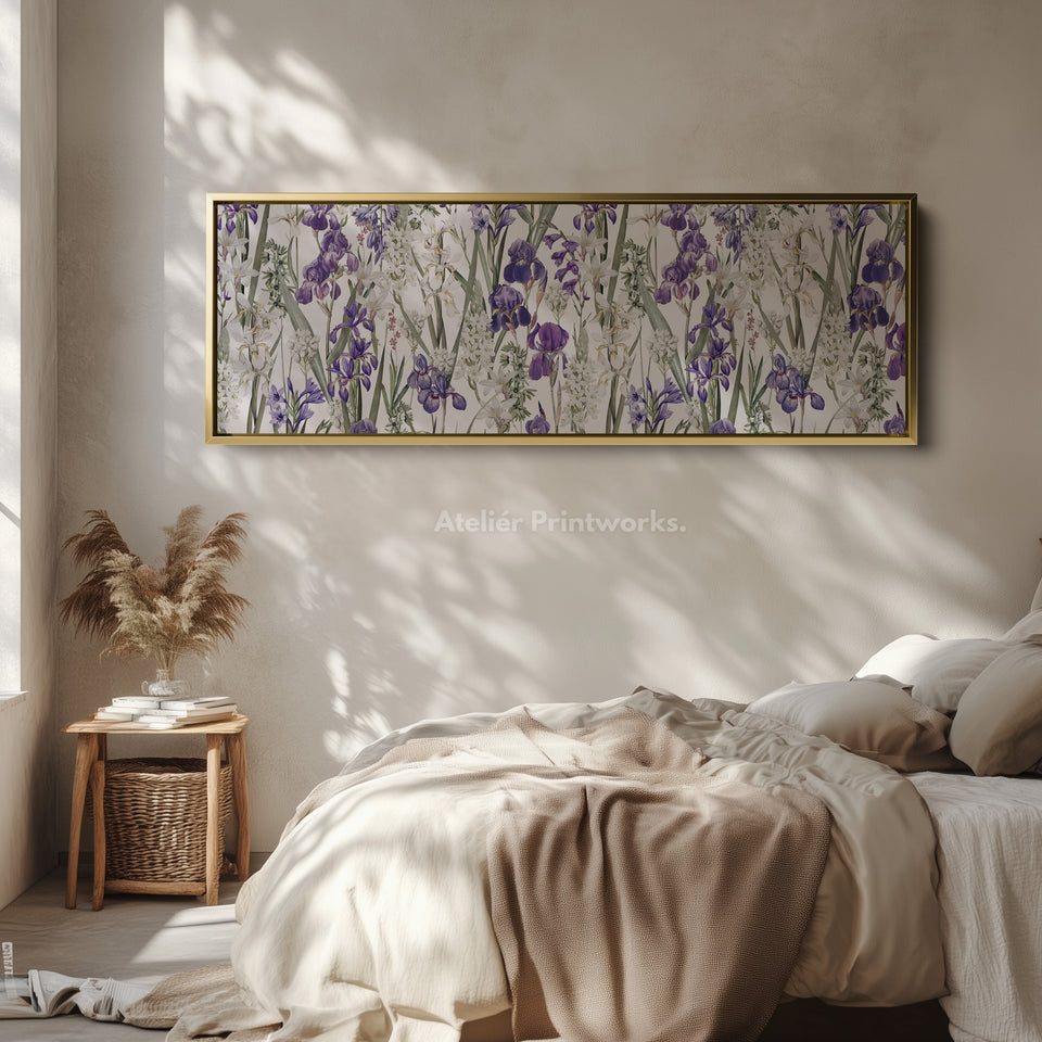 Lang gedurfd bloemrijk botanisch canvas in marineblauw en roze voor woonkamer