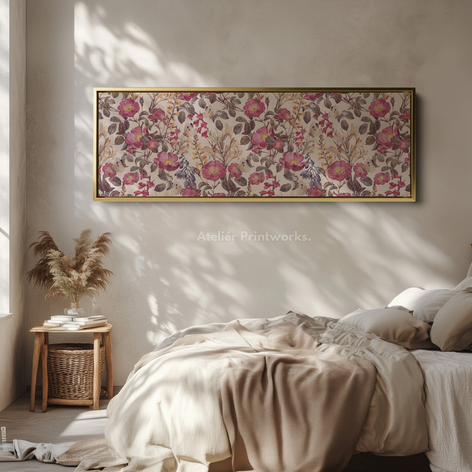 Horizontal wall art botanical floral repeat pattern with butterflies for living room or bedroom