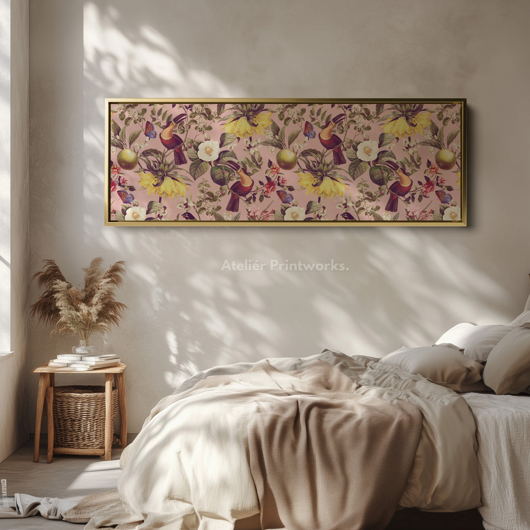 Long narrow canvas tropical botanical with toucans and citrus fruit for living room or bedroom