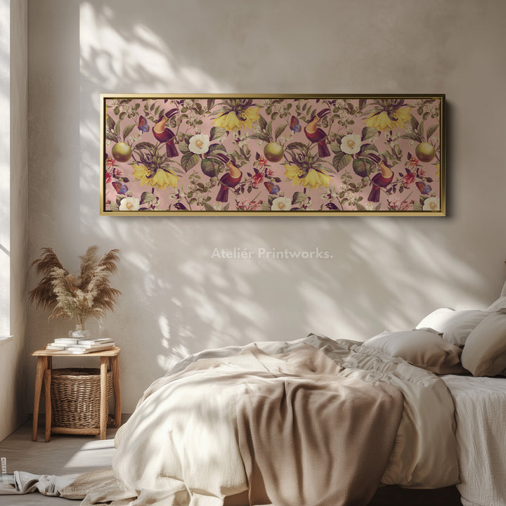 Long narrow canvas tropical botanical with toucans and citrus fruit for living room or bedroom