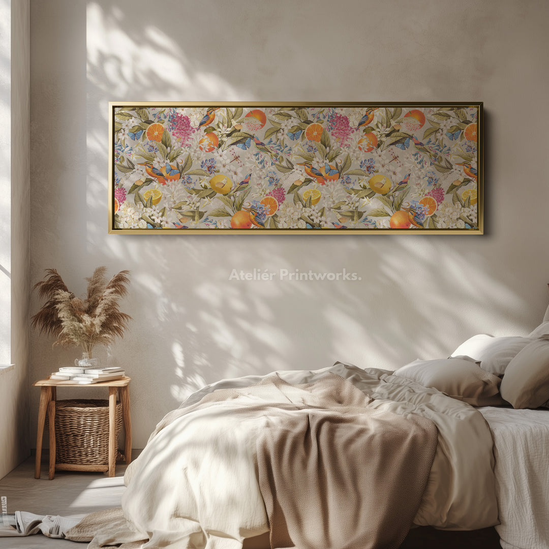 Wide wall art bright botanical with oranges butterflies and birds for living room or bedroom