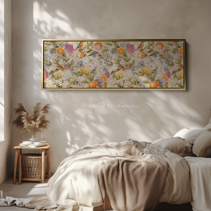 Wide wall art bright botanical with oranges butterflies and birds for living room or bedroom